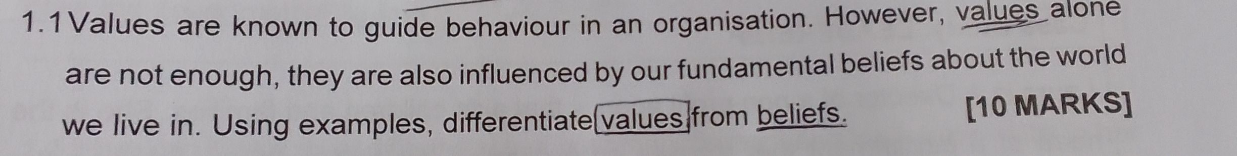  1.1 Values are known to guide behaviour in an organisation. However,