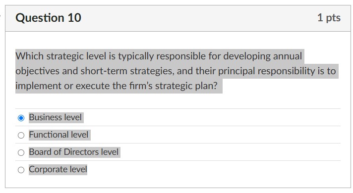  Question 10 Which strategic level is typically responsible for developing annual