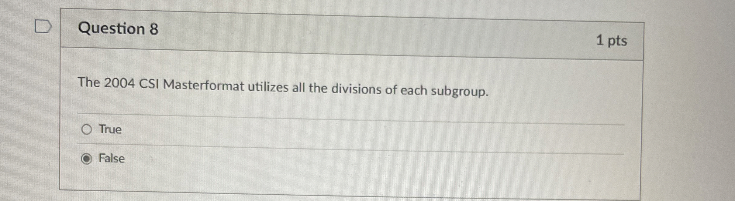  Question 8 The 2004 CSI Masterformat utilizes all the divisions of