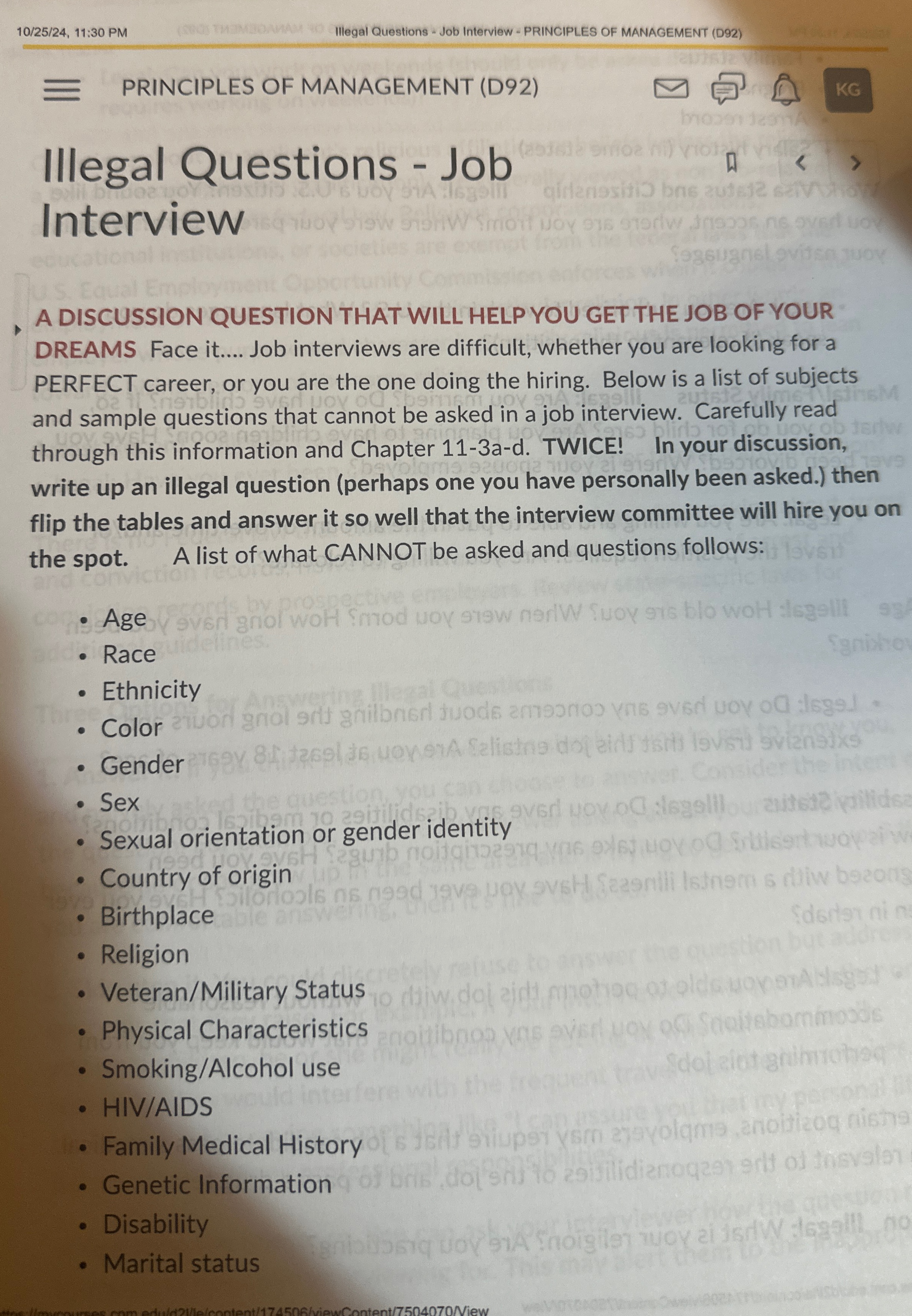  1025?24,11:30 PM Illegal Questions - Job Interview - PRINCIPLES OF MANAGEMENT