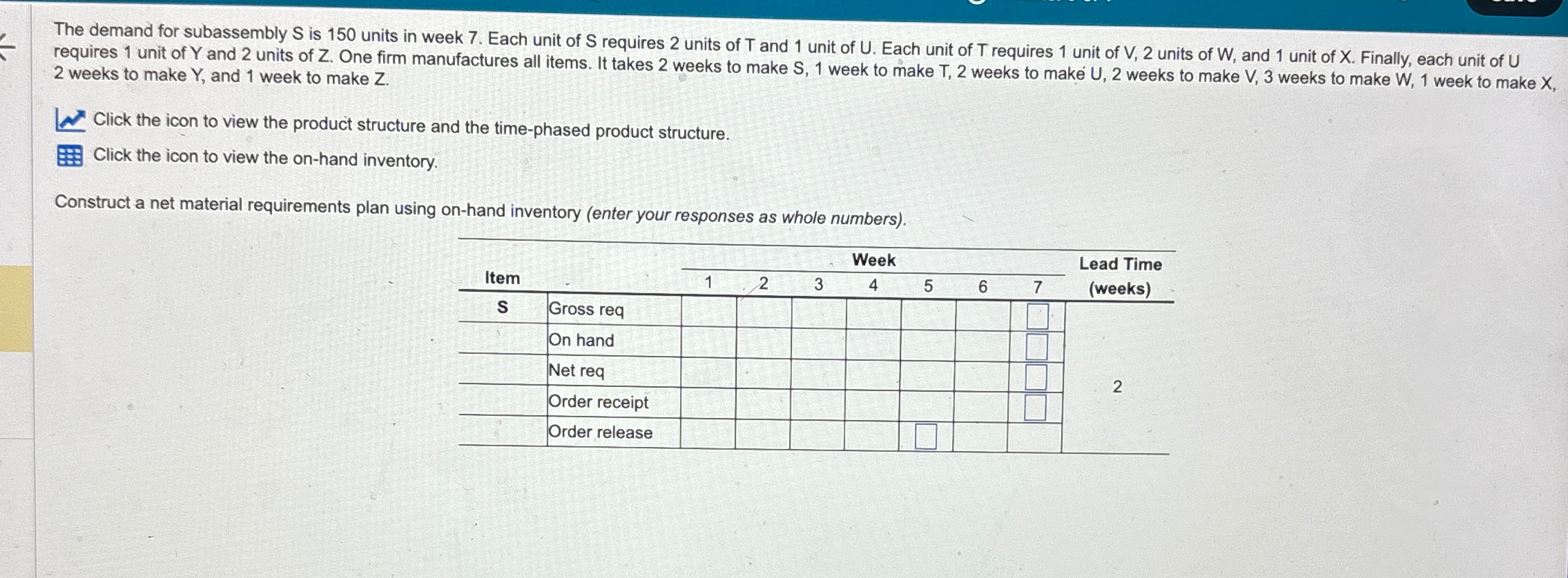  The demand for subassembly S is 150 units in week 7.