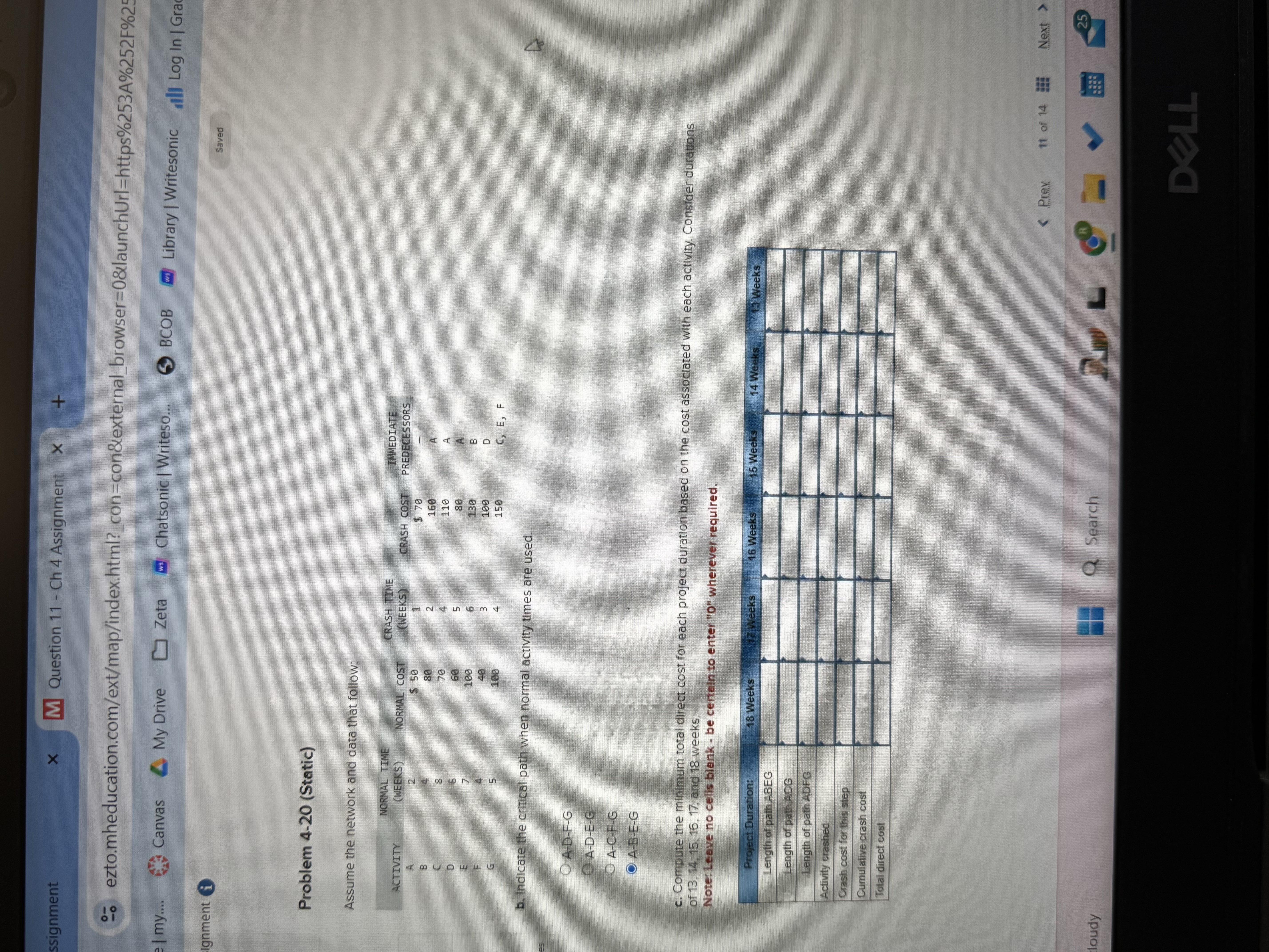  Problem 4-20(Static) Assume the network and data that follow: b. Indicate