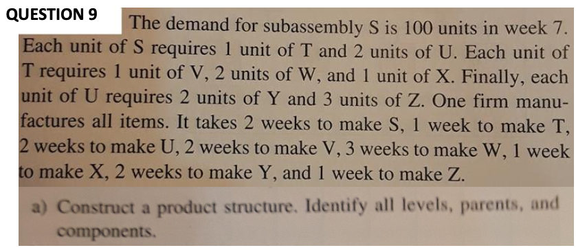  a) Construct a product structure. Identify all levels, parents, and components.
