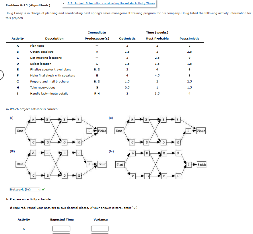  Problem 9-15(Algorithmic) -9.2: Project Scheduling considering Uncertain Activity Times Doug Casey