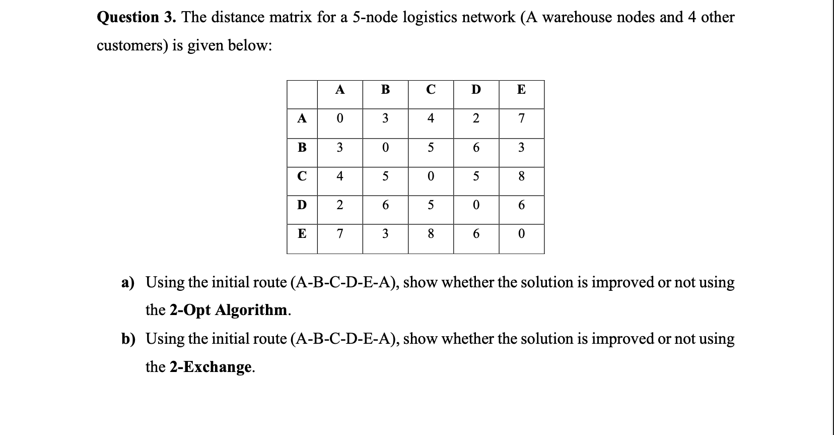  Question 3. The distance matrix for a 5-node logistics network (A
