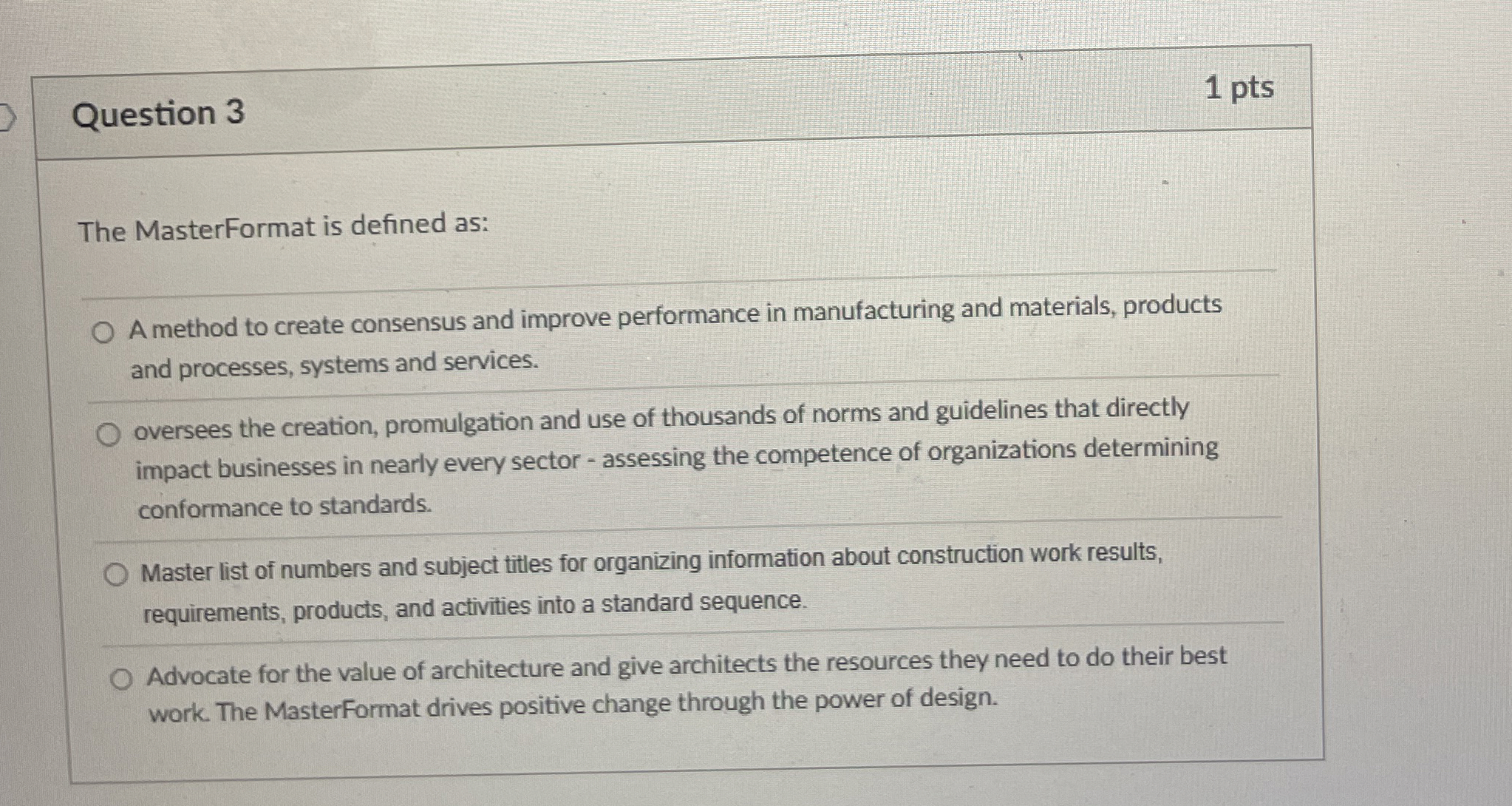  Question 3 The MasterFormat is defined as: A method to create