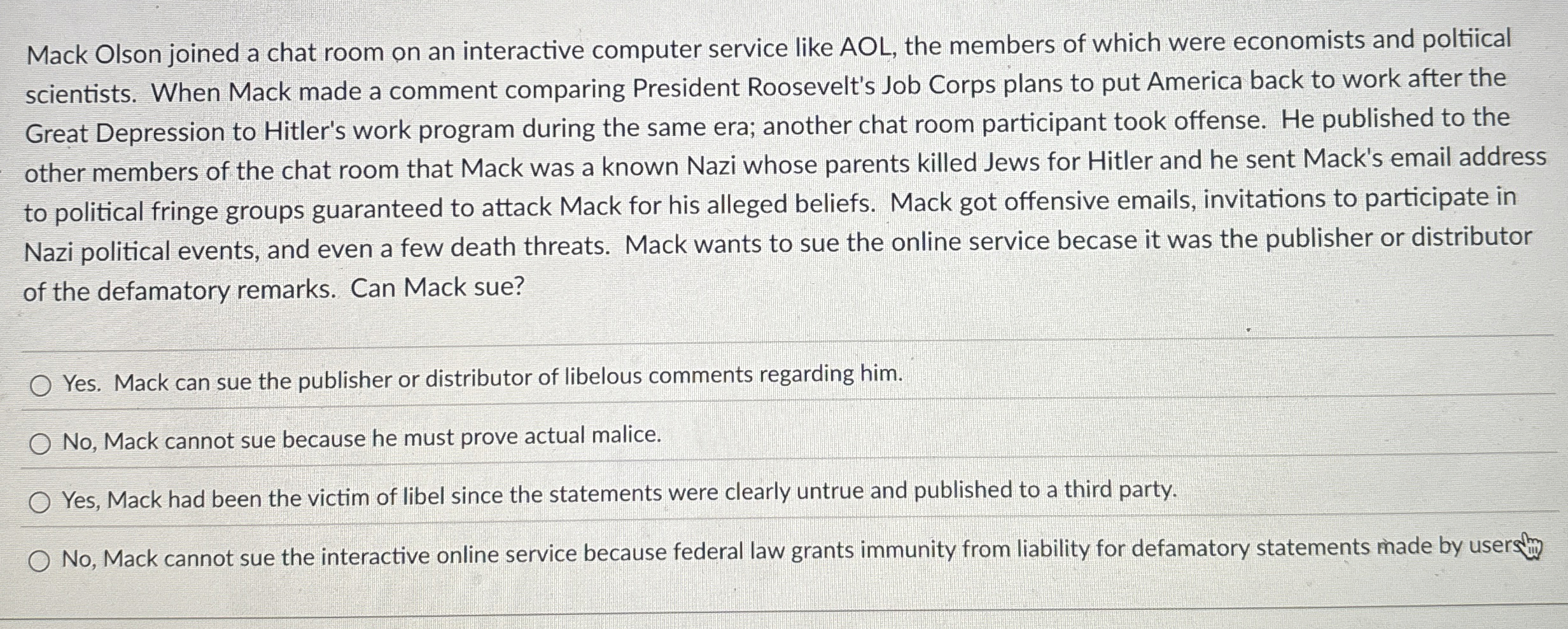  Mack Olson joined a chat room on an interactive computer service