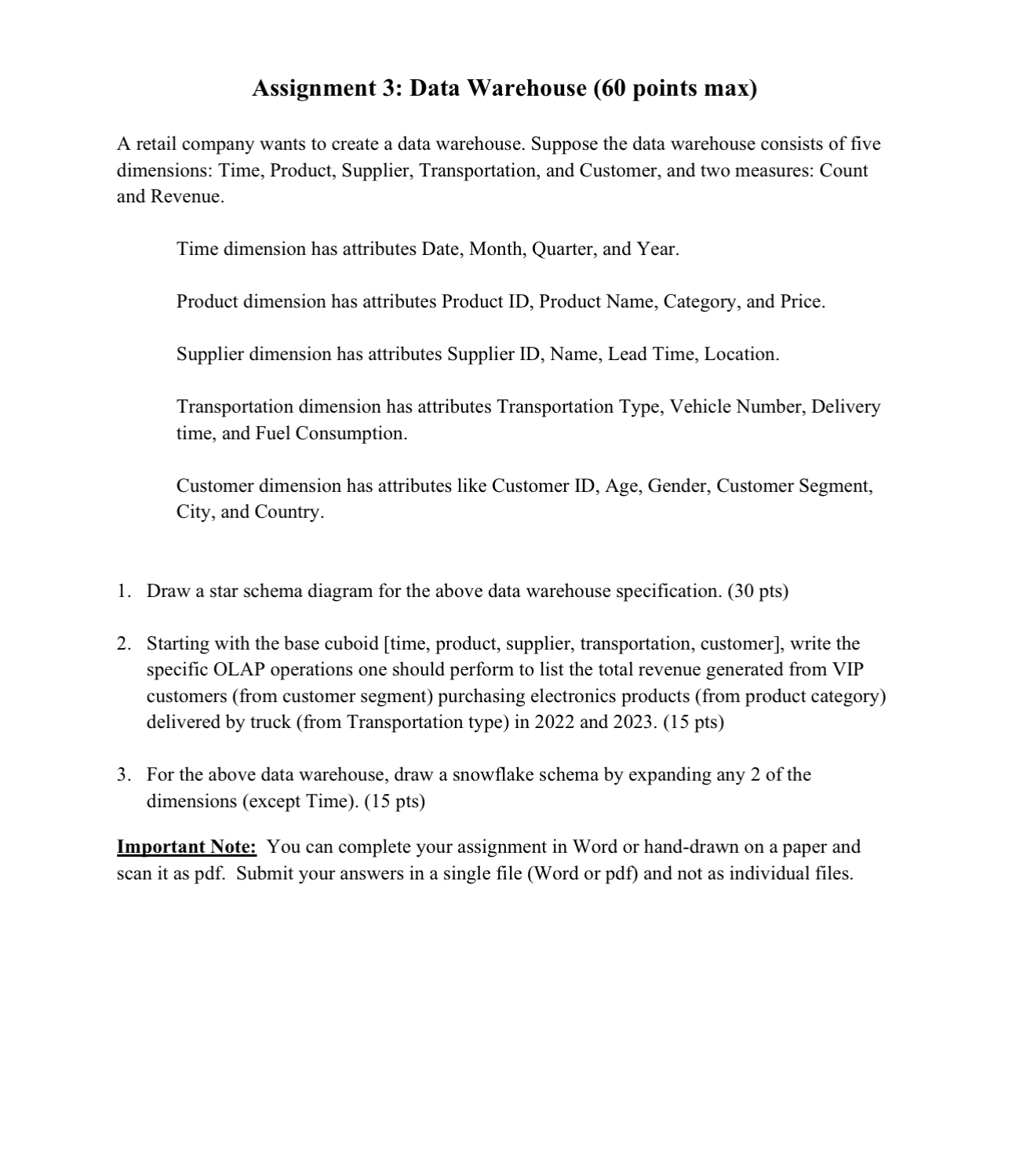  Assignment 3: Data Warehouse (60 points max) A retail company wants