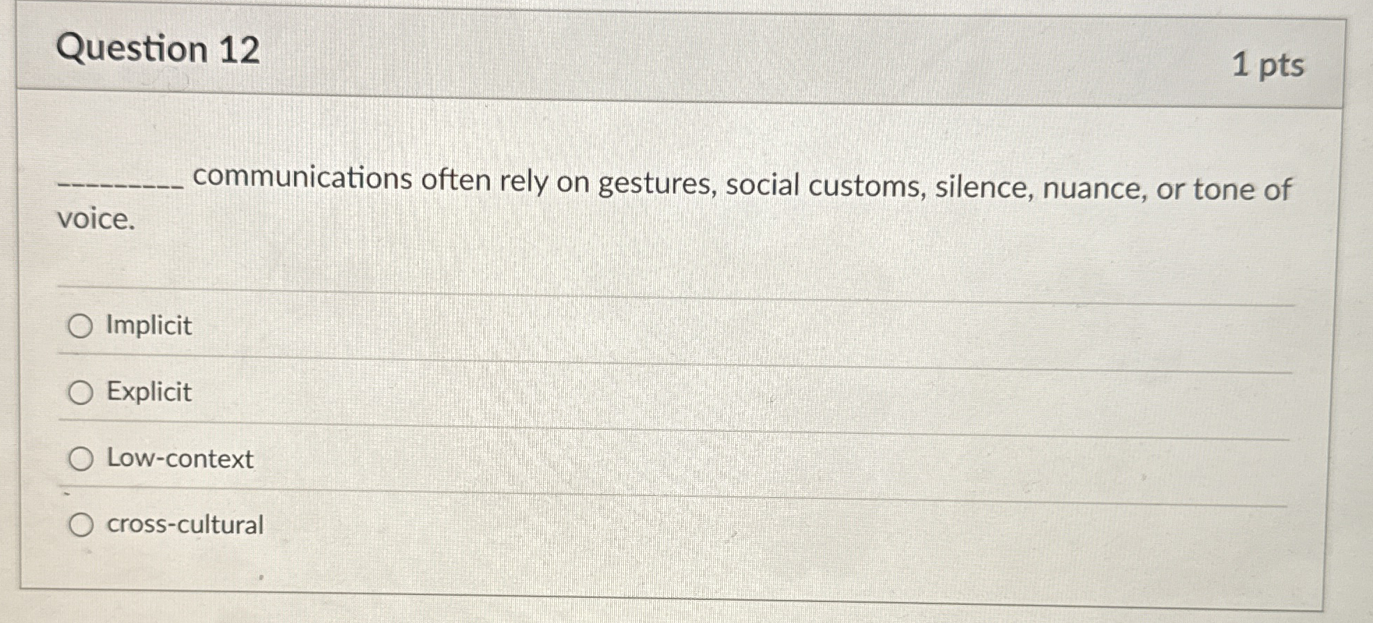  Question 12 communications often rely on gestures, social customs, silence, nuance,