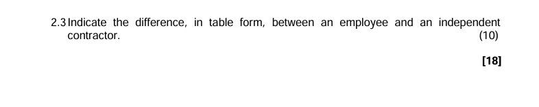  2.3 Indicate the difference, in table form, between an employee and
