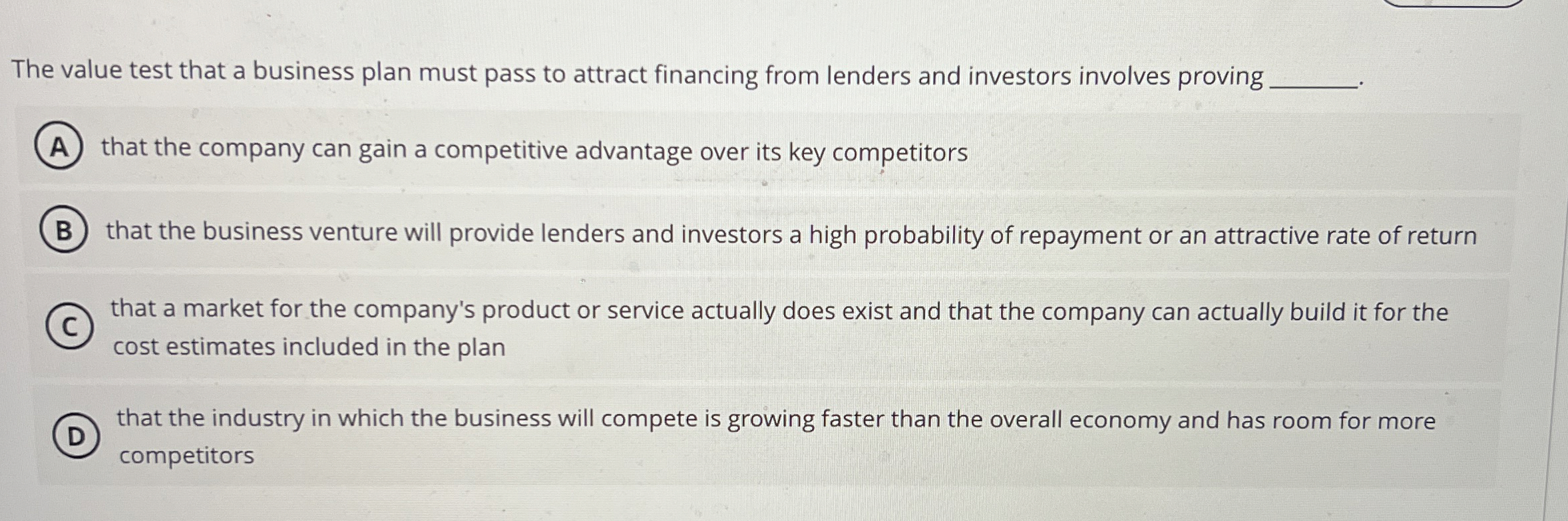  The value test that a business plan must pass to attract