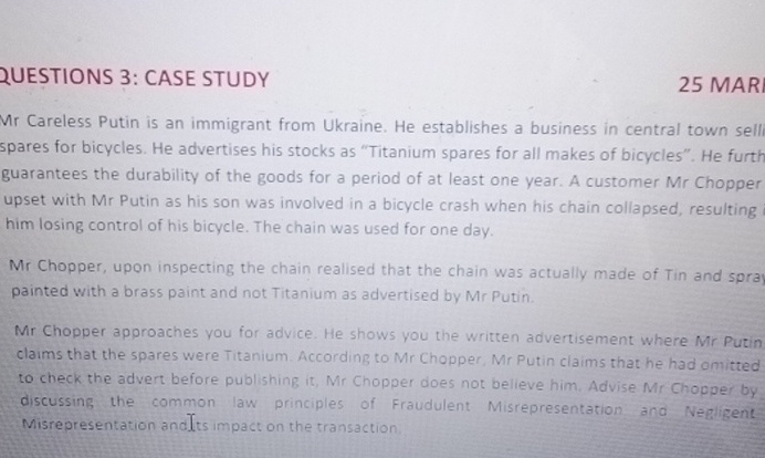  QUESTIONS 3: CASE STUDY 25 MAR Mr Careless Putin is an