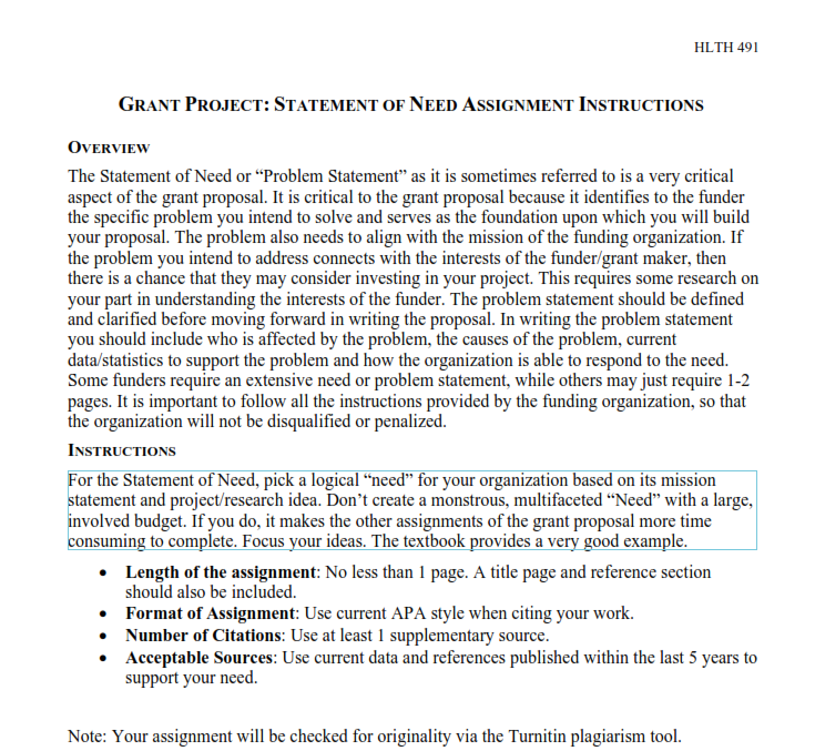  Grant Prouect: Statement of Need Assignment Instructions OVERVIEW The Statement of
