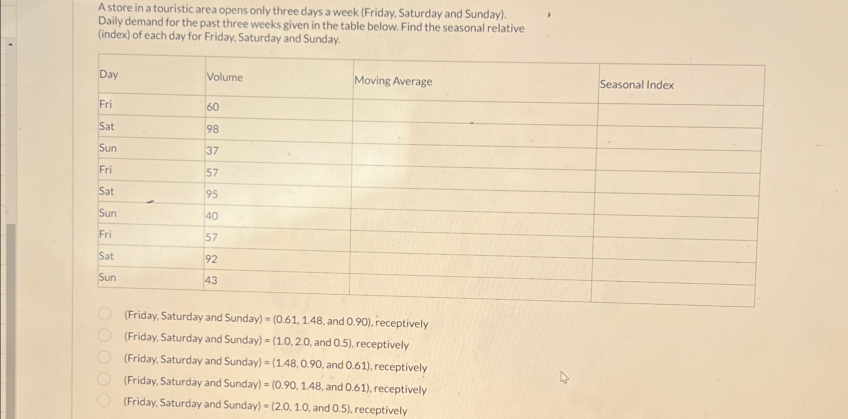  A store in a touristic area opens only three days a