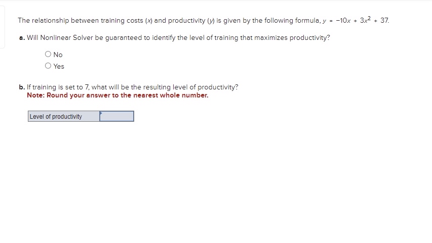  The relationship between training costs (x) and productivity (y) is given