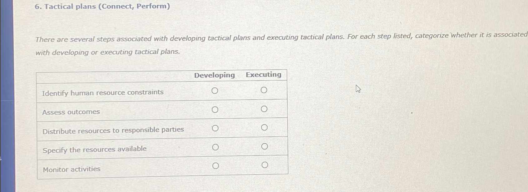  Tactical plans (Connect, Perform) There are several steps associated with developing
