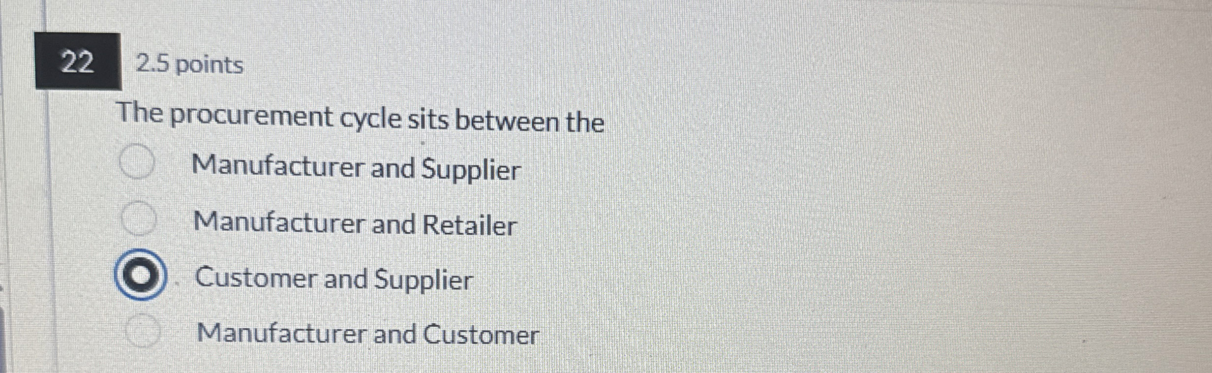  22 2.5 points The procurement cycle sits between the Manufacturer and