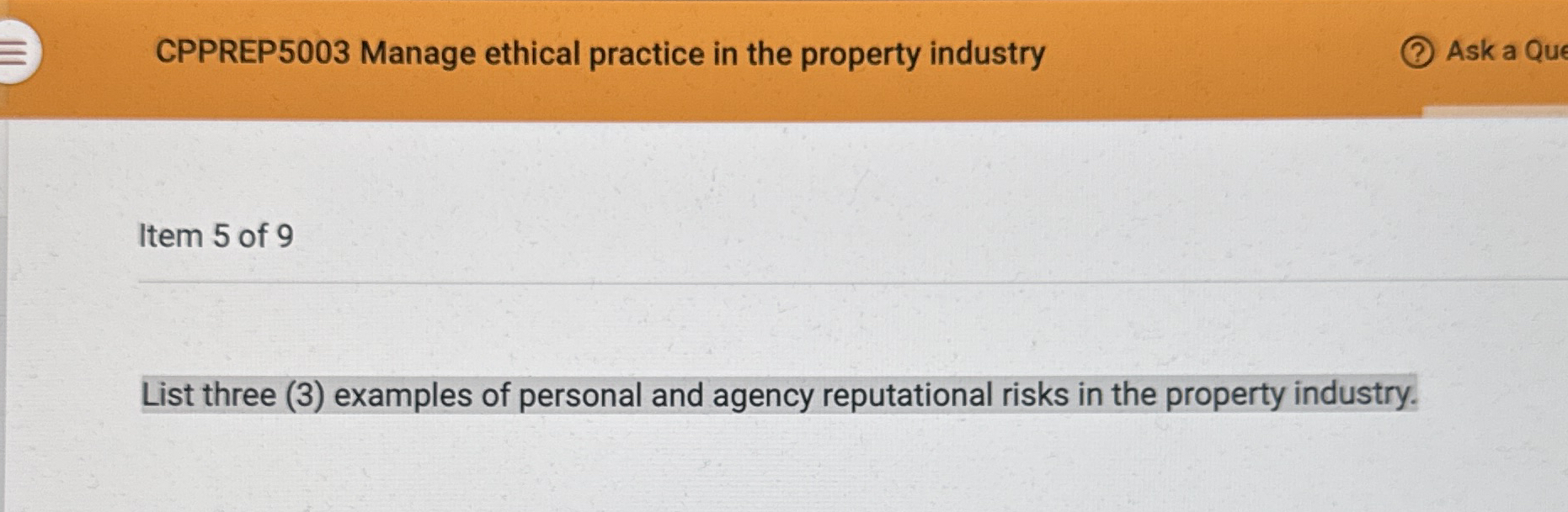  CPPREP5003 Manage ethical practice in the property industry Item 5 of