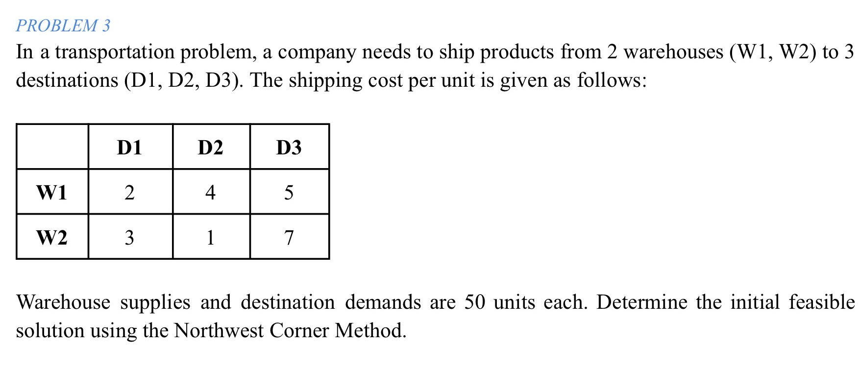  PROBLEM 3 In a transportation problem, a company needs to ship