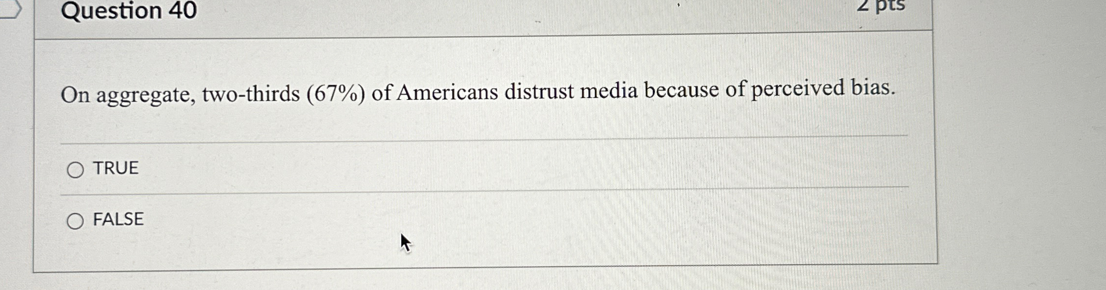  Question 40 On aggregate, two-thirds (67%) of Americans distrust media because