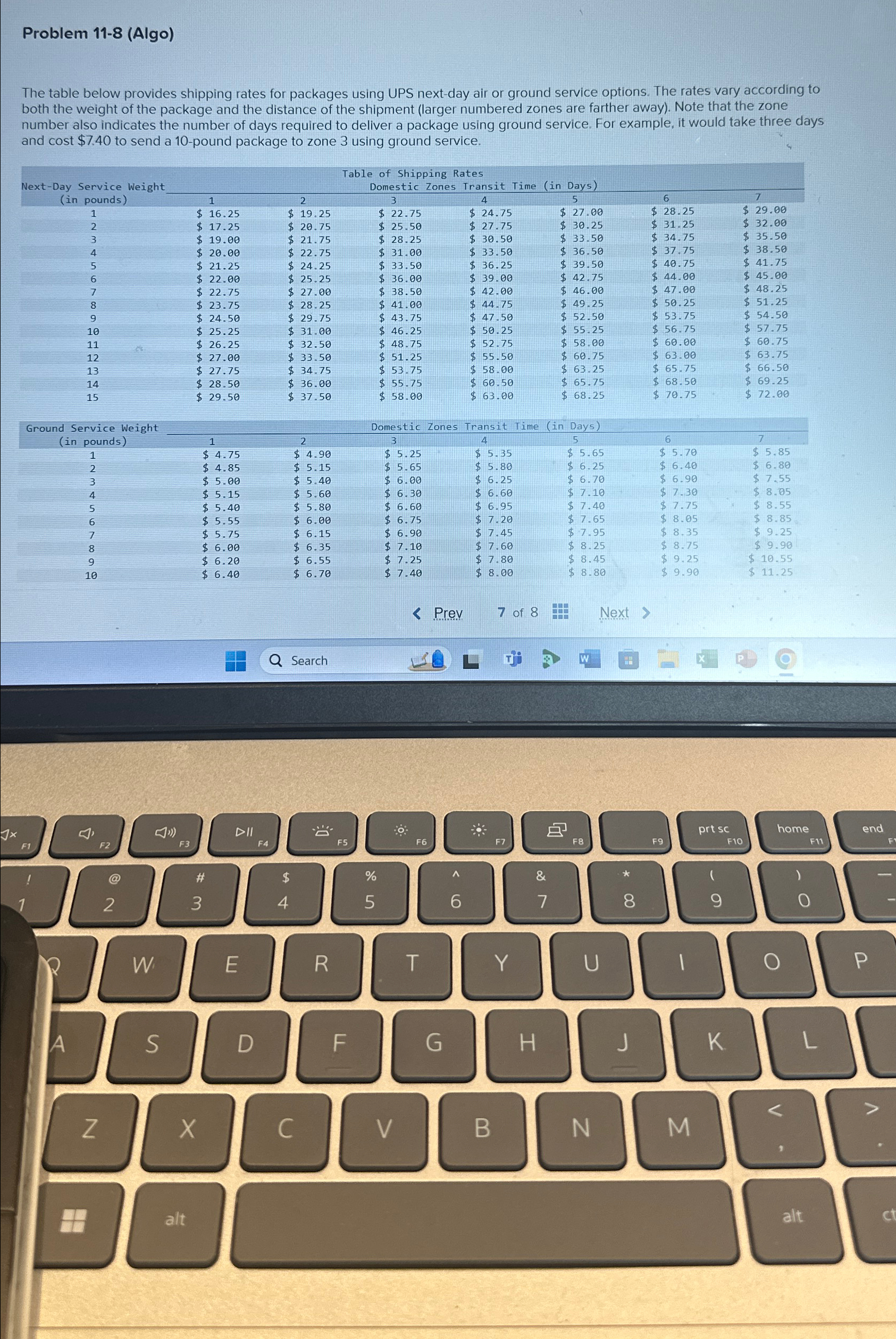  Problem 11-8(Algo) The table below provides shipping rates for packages using