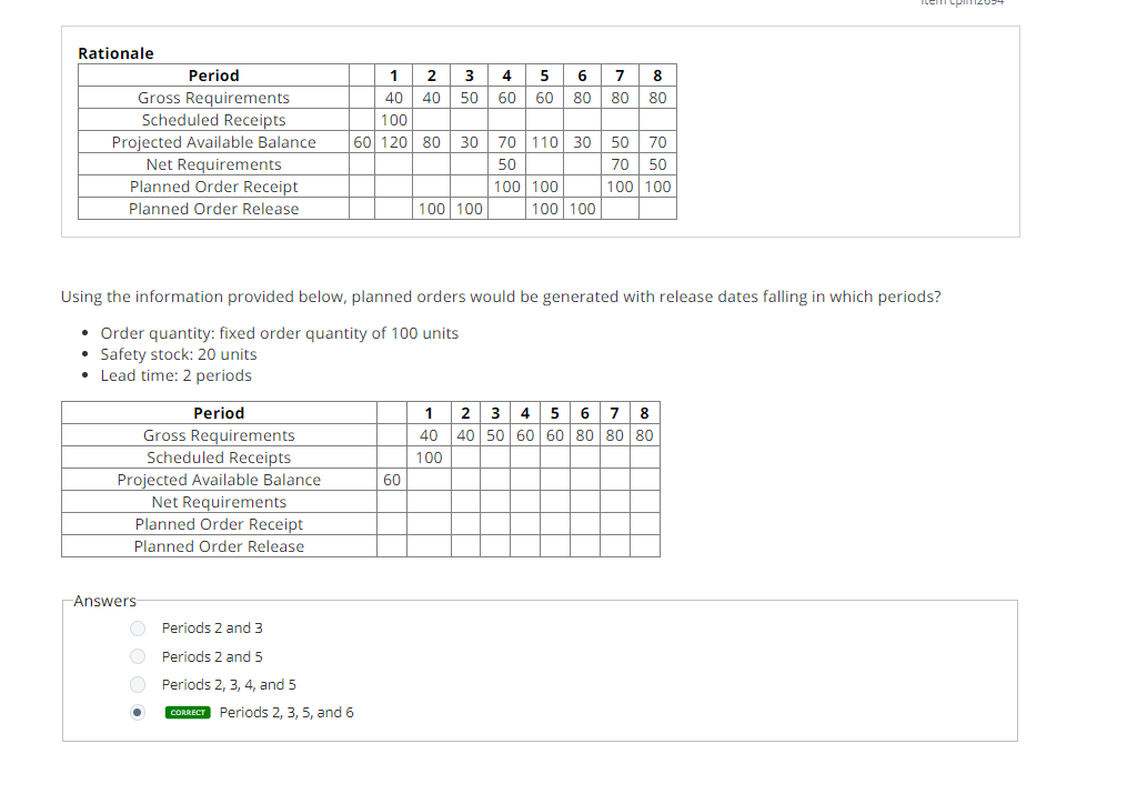  Rationale Using the information provided below, planned orders would be generated