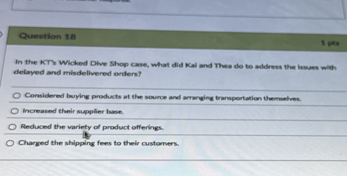  Question 18 In the KT's Wicked Dive Shop case, what did