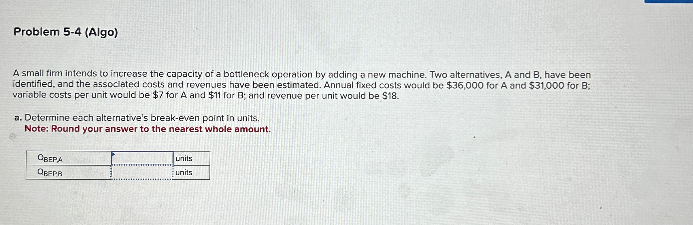  Problem 5-4(Algo) A small firm intends to increase the capacity of