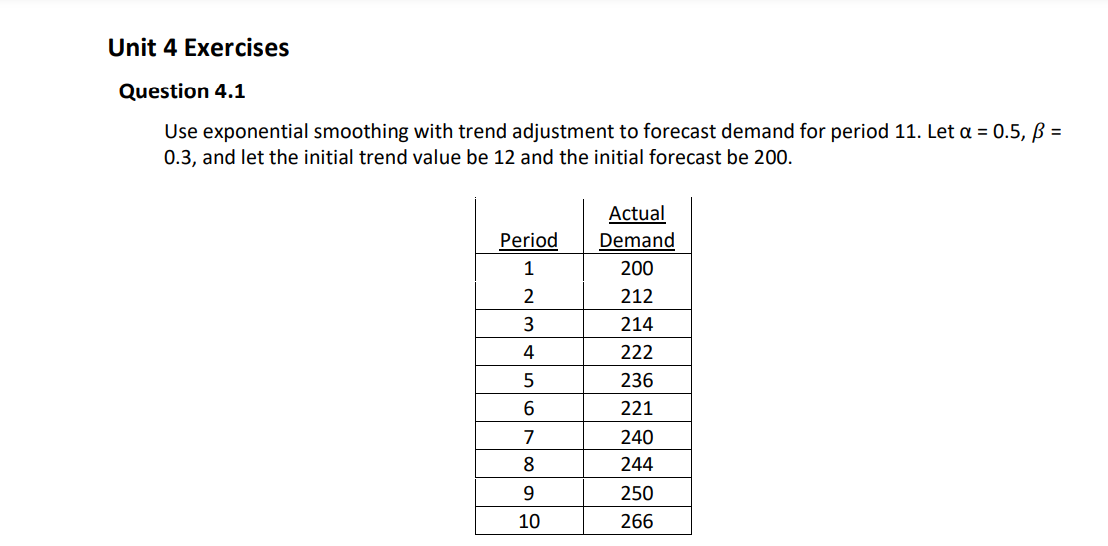  Unit 4 Exercises Question 4.1 Use exponential smoothing with trend adjustment