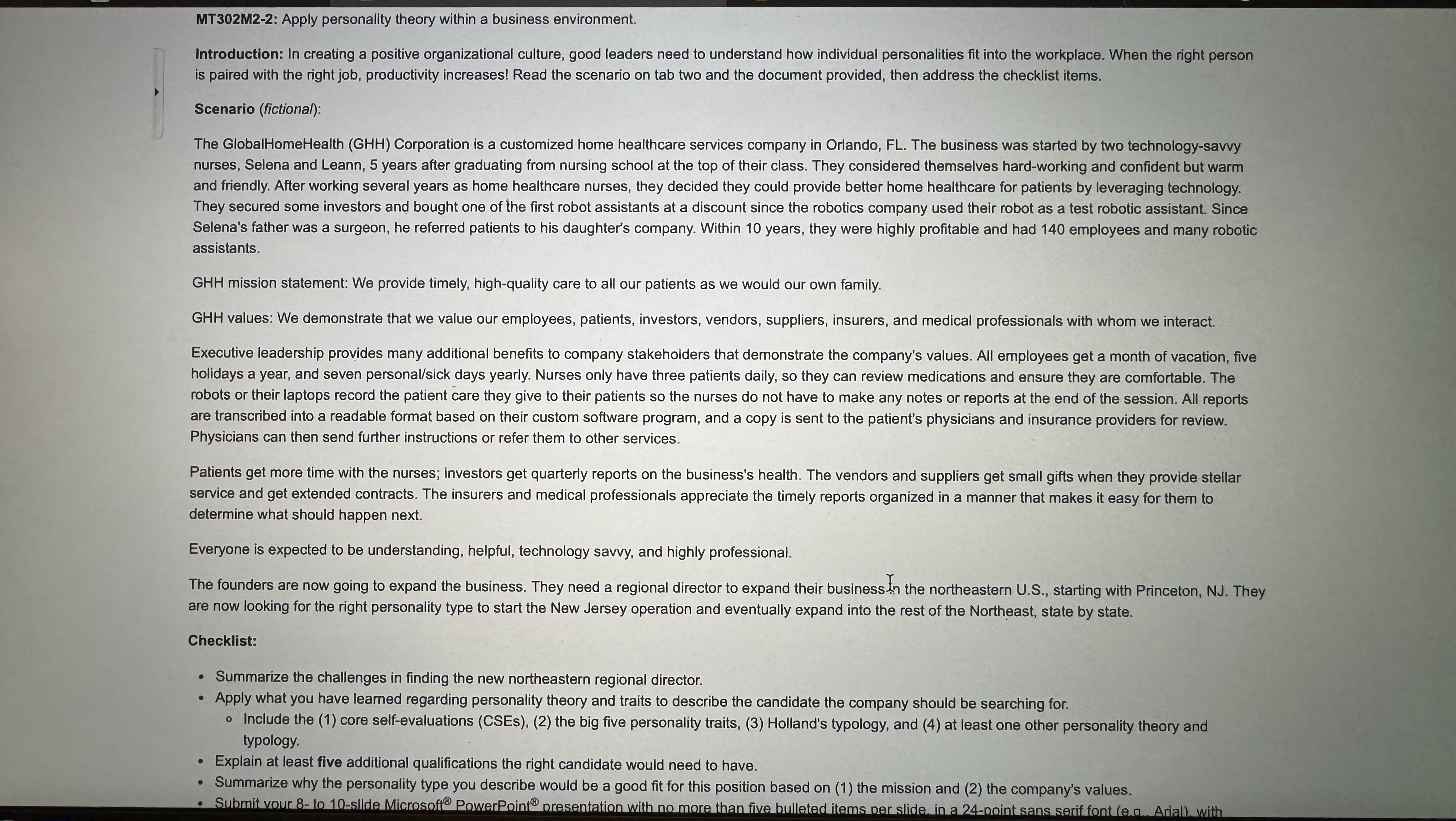 MT302M2-2: Apply personality theory within a business environment. Introduction: In creating