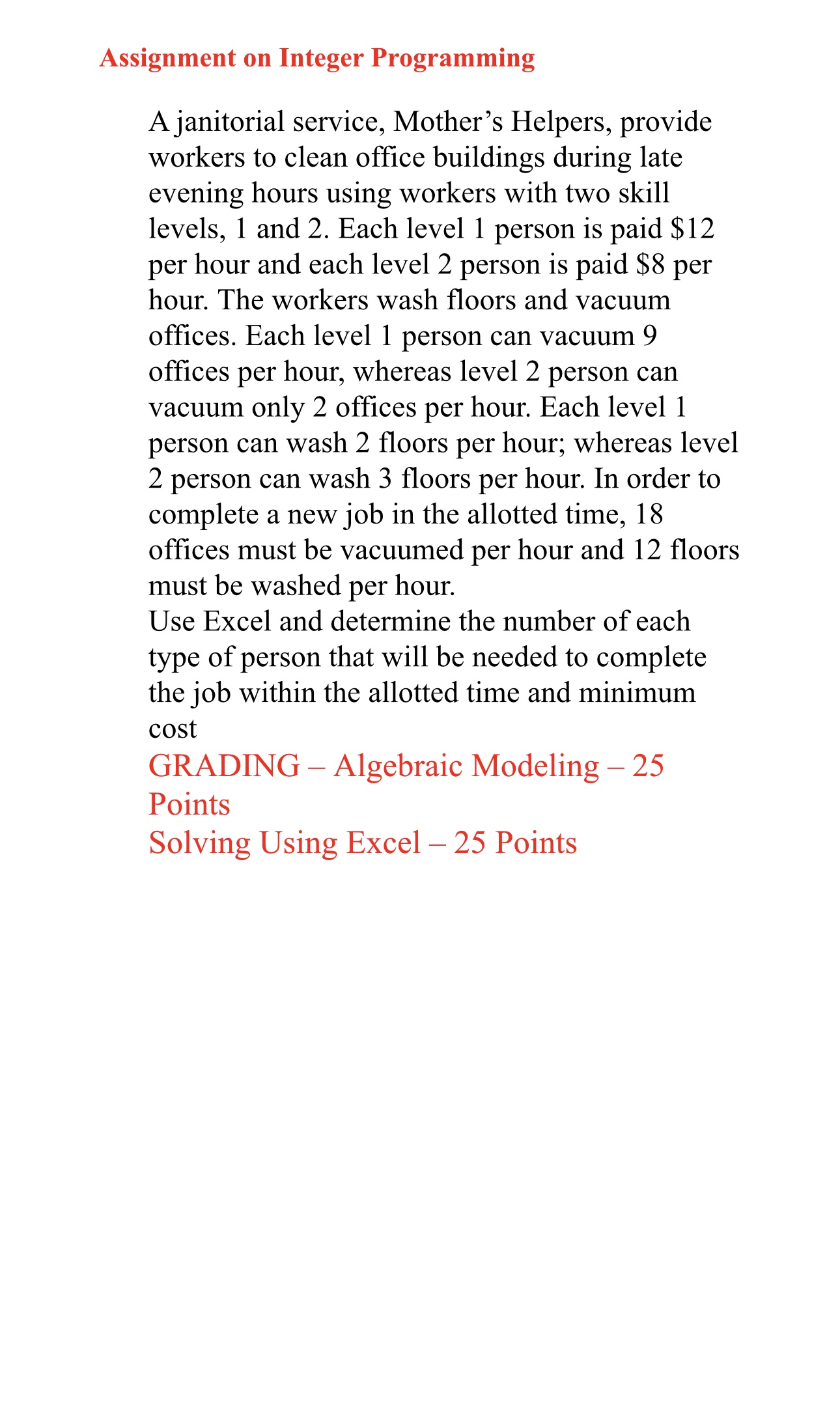  Assignment on Integer Programming A janitorial service, Mother's Helpers, provide workers