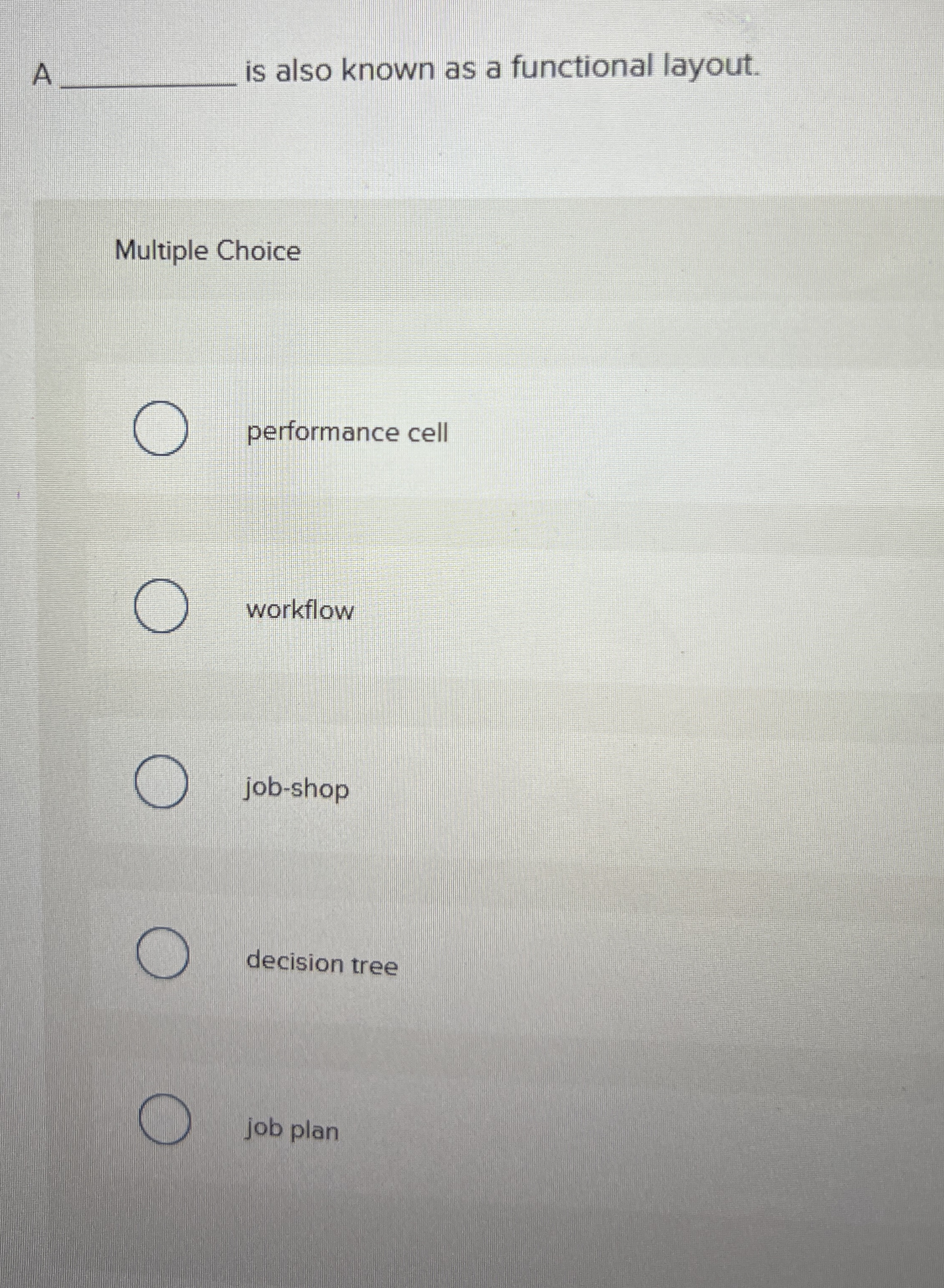  A is also known as a functional layout. Multiple Choice performance