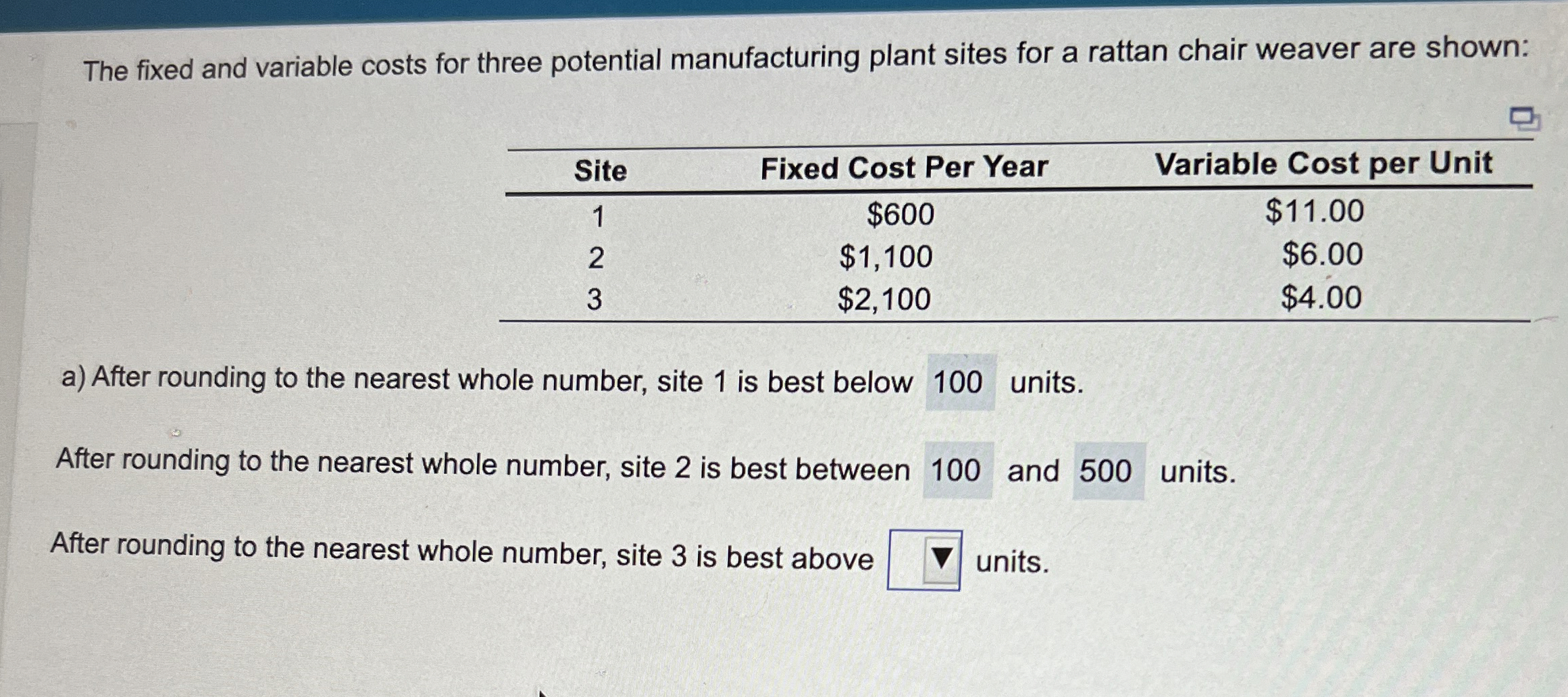  The fixed and variable costs for three potential manufacturing plant sites