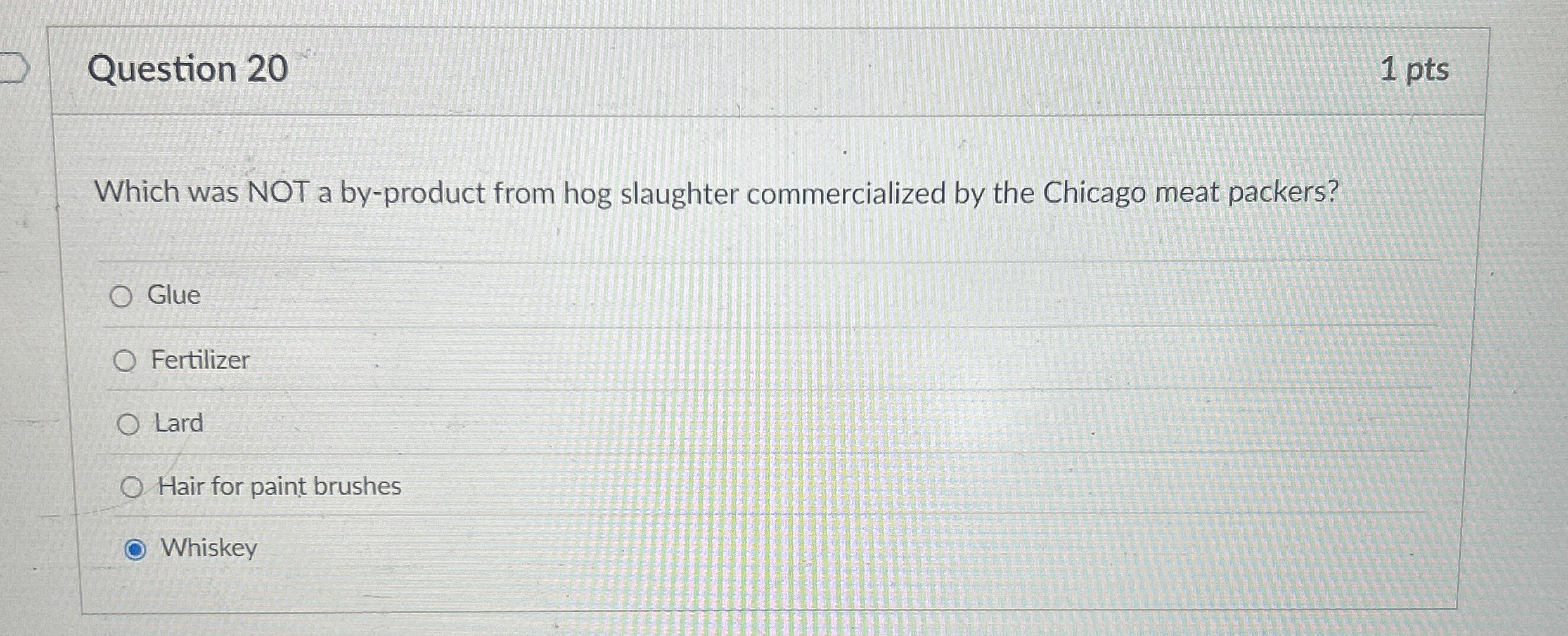  Question 20 Which was NOT a by-product from hog slaughter commercialized