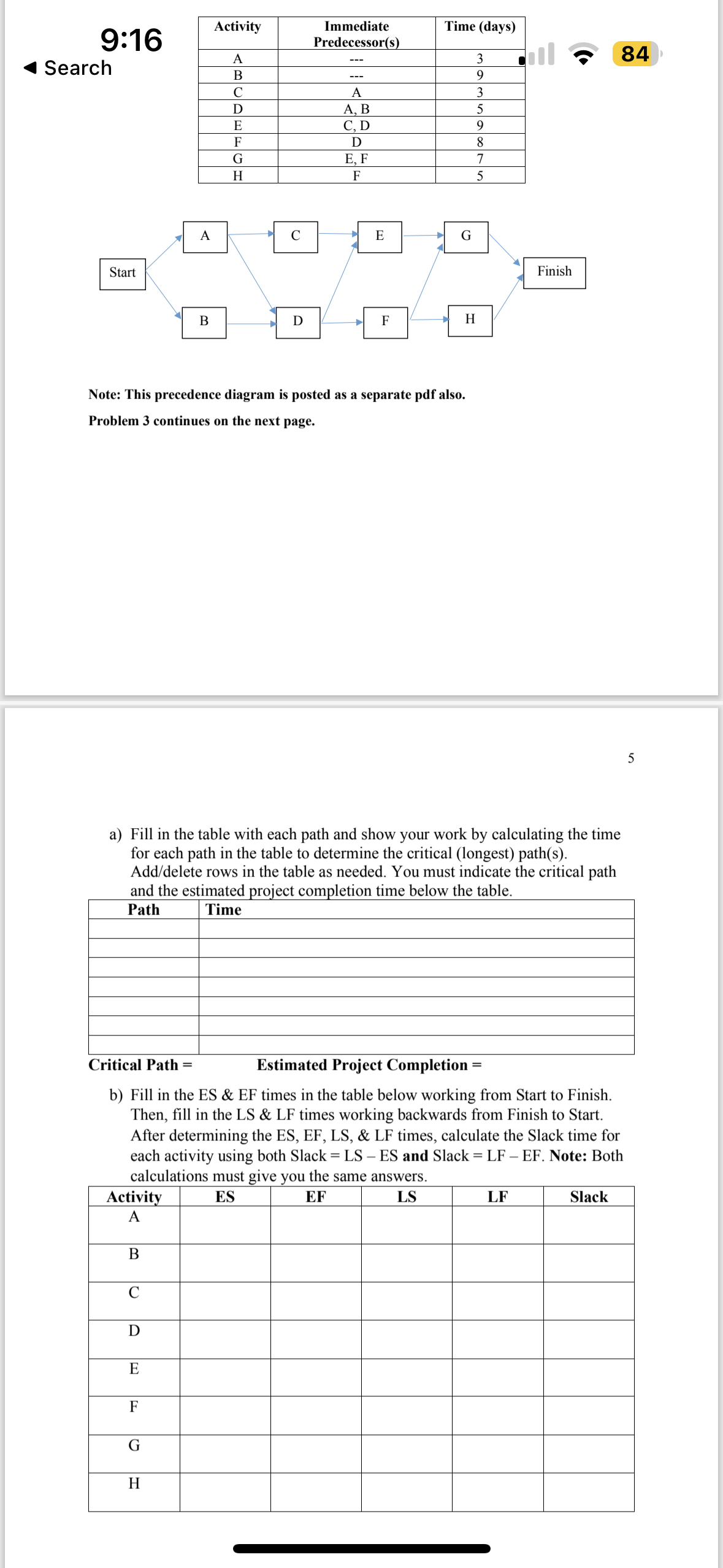  9:16 Search 84 Note: This precedence diagram is posted as a
