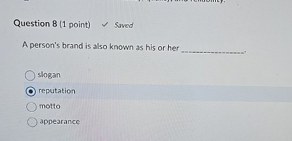  Question 8(1 point) Saved A person's brand is also known as
