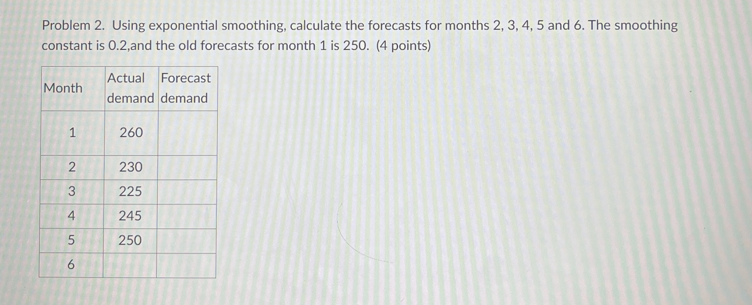  Problem 2. Using exponential smoothing, calculate the forecasts for months 2,3,4,5