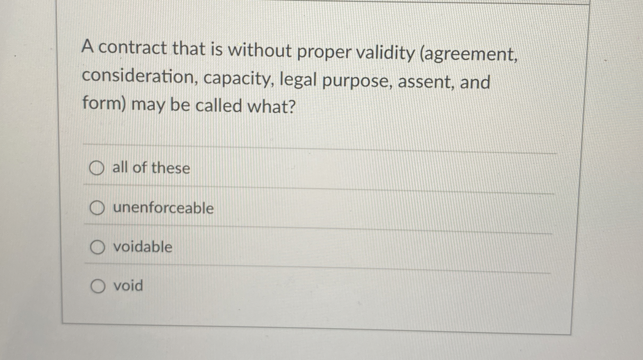  A contract that is without proper validity (agreement, consideration, capacity, legal