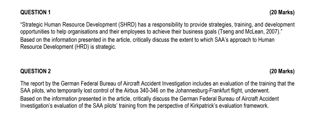  QUESTION 1 (20 Marks) "Strategic Human Resource Development (SHRD) has a