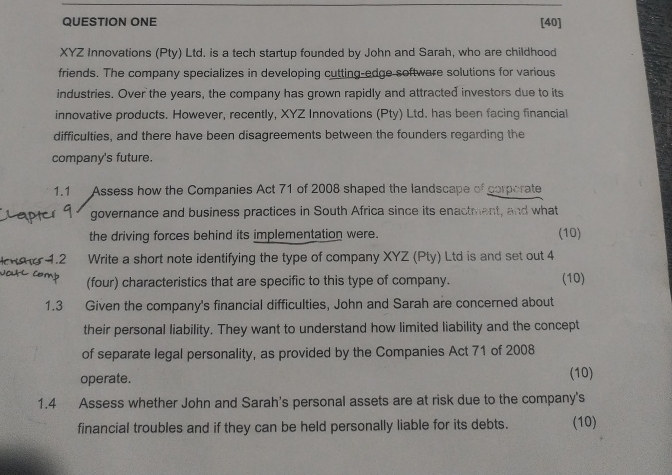  QUESTION ONE [40] XYZ Innovations (Pty) Ltd. is a tech startup