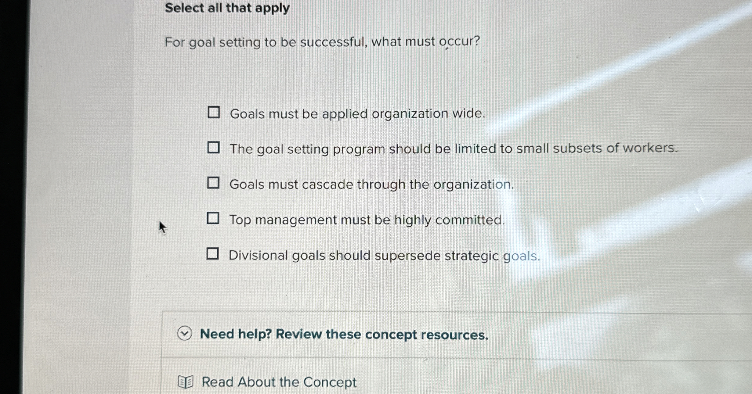  Multiple Select Question Select all that apply Which types of objectives