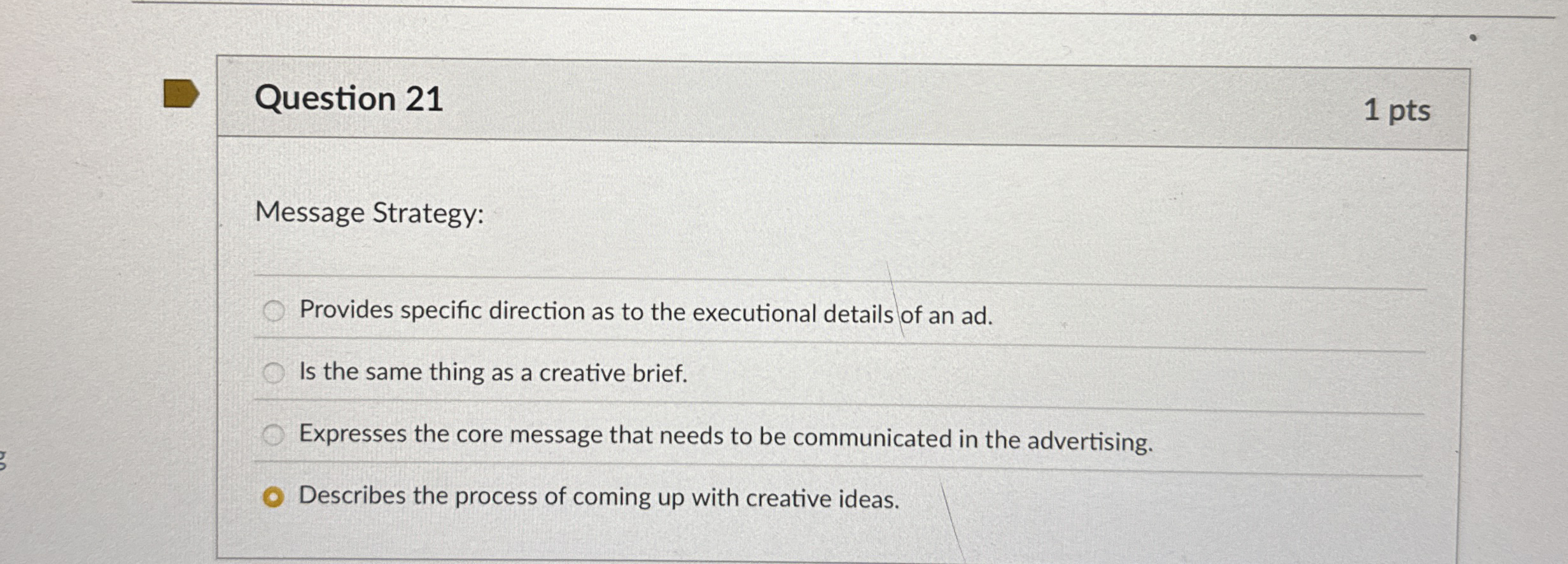  Question 21 1 pts Message Strategy: Provides specific direction as to