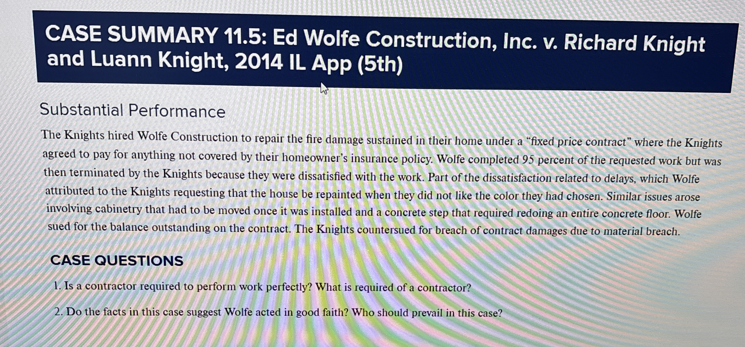  CASE SUMMARY 11.5: Ed Wolfe Construction, Inc. v. Richard Knight and