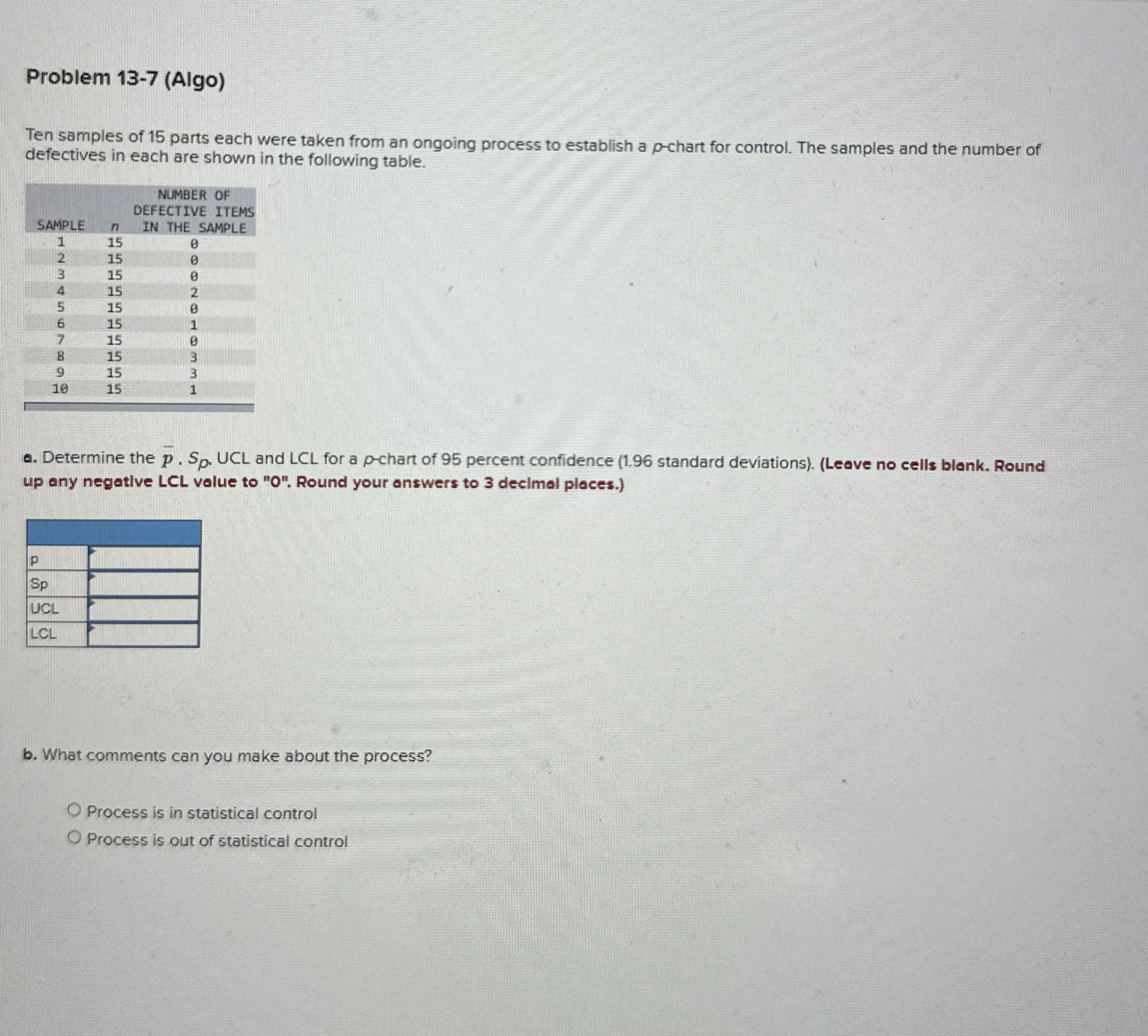  Problem 13-7(Algo) Ten samples of 15 parts each were taken from