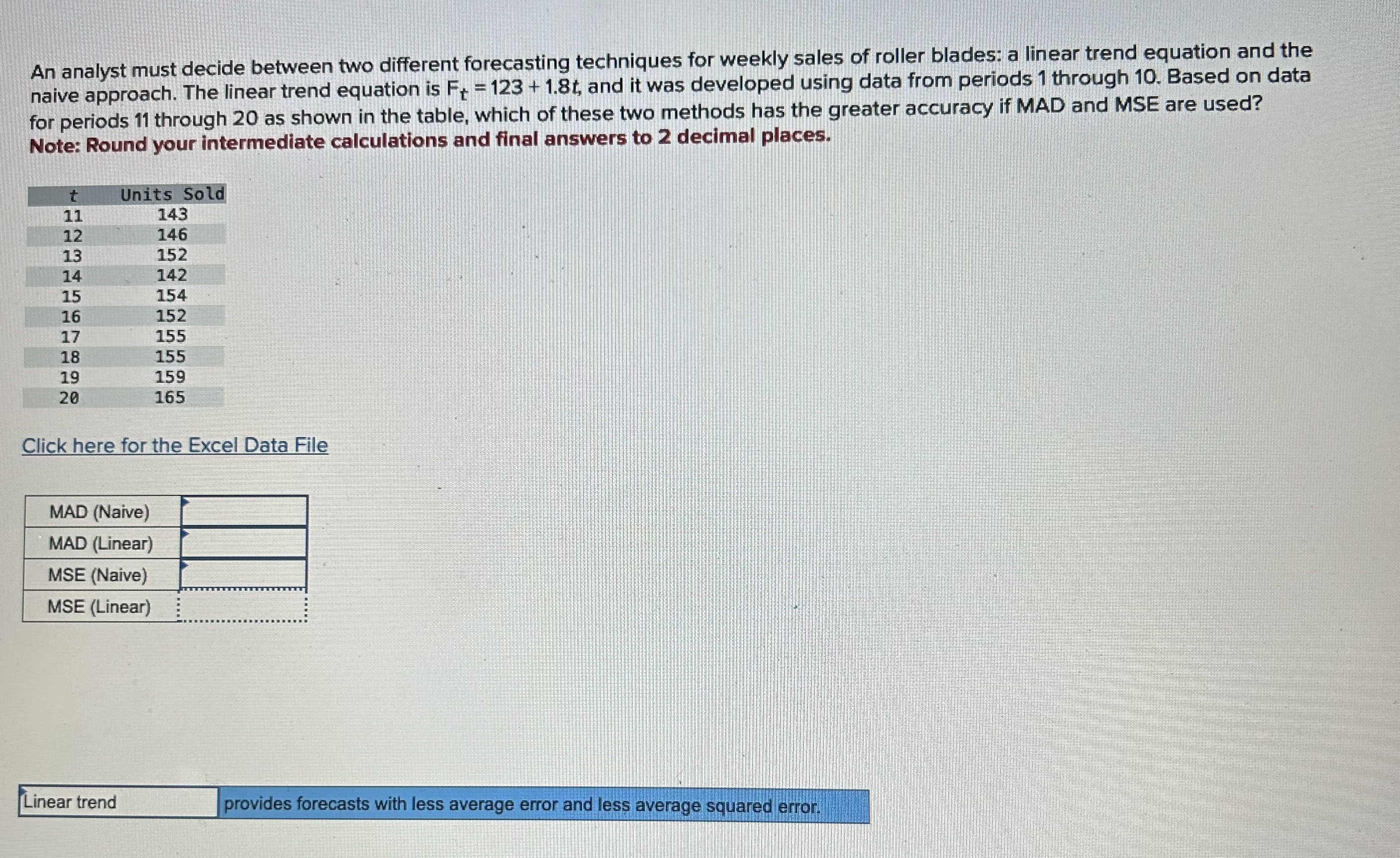  An analyst must decide between two different forecasting techniques for weekly
