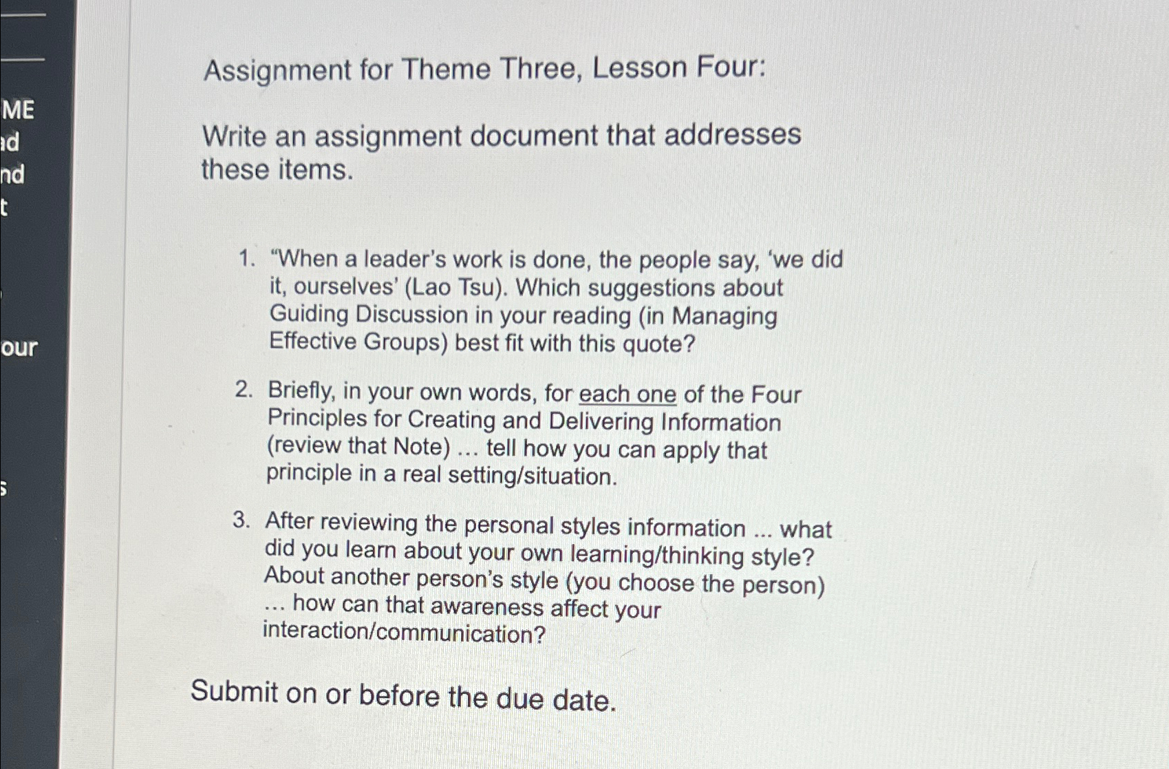  Assignment for Theme Three, Lesson Four: Write an assignment document that