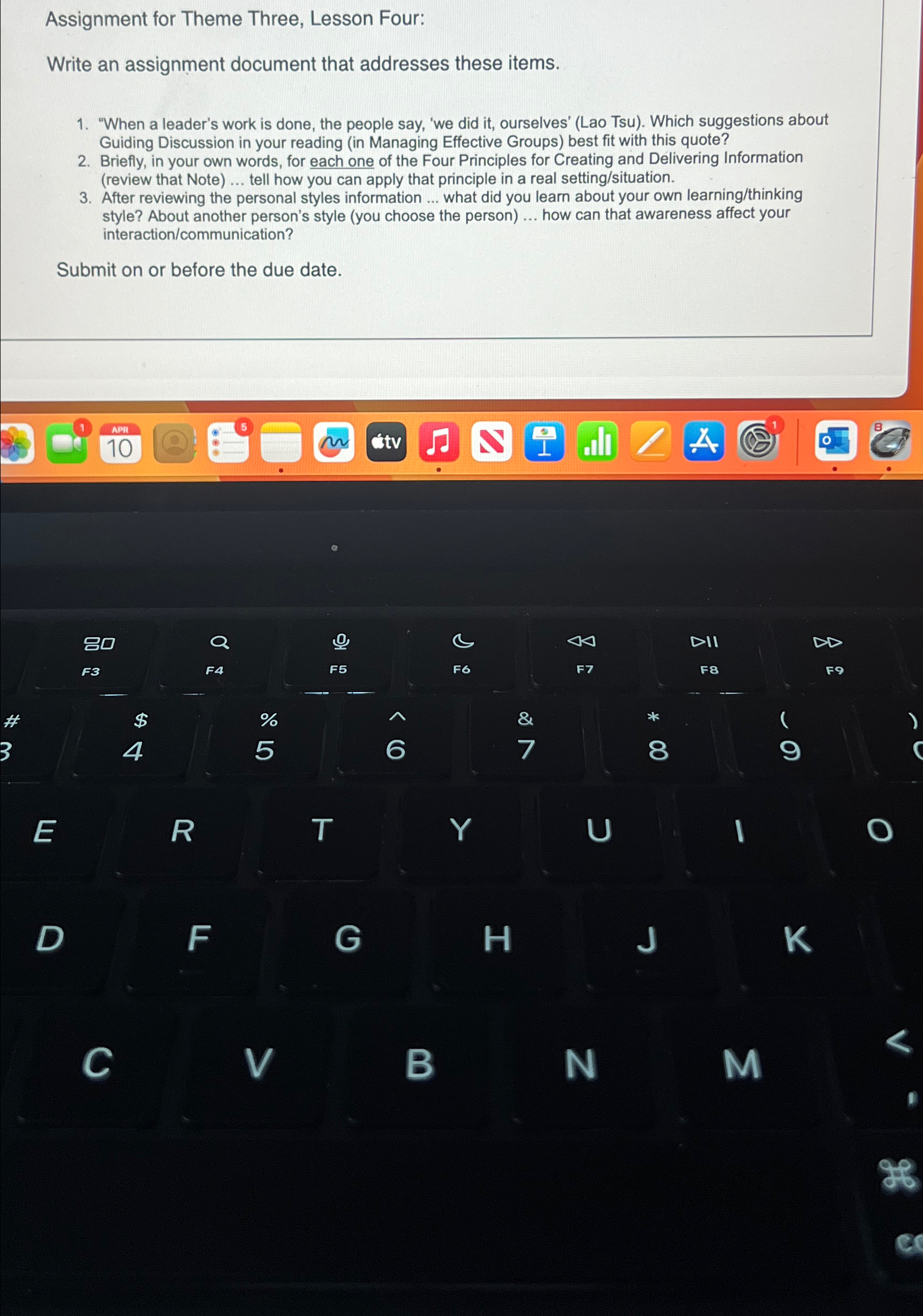  Assignment for Theme Three, Lesson Four: Write an assignment document that