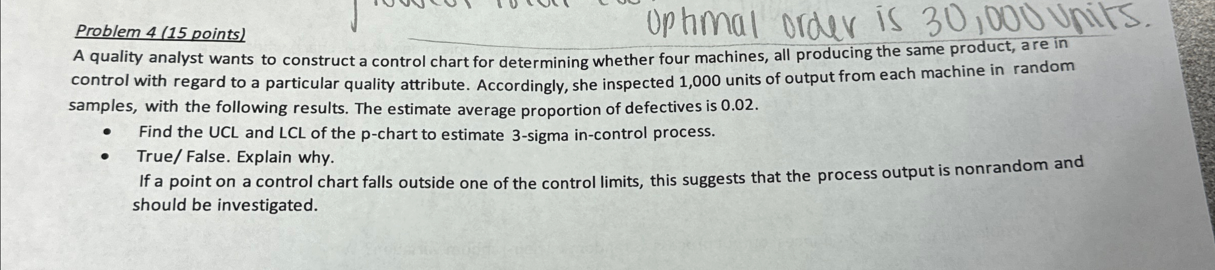  Problem 4(15 points) optimal order is 30,000 Units. A quality analyst