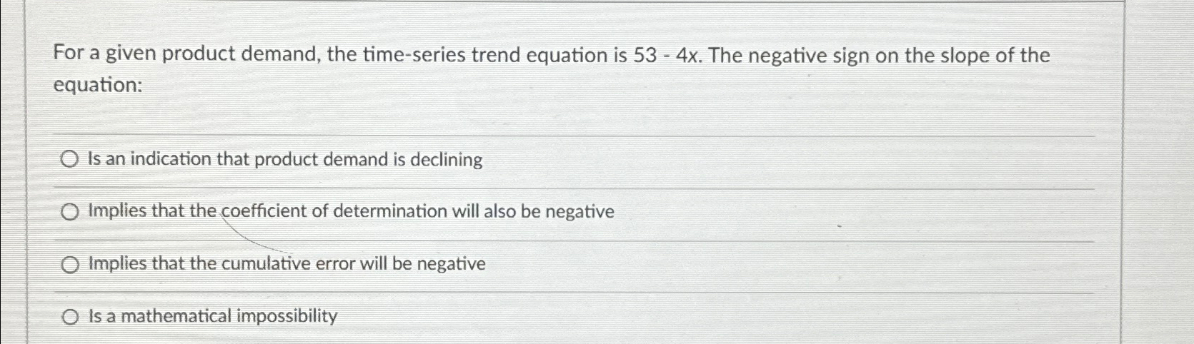  For a given product demand, the time-series trend equation is 53-4x.