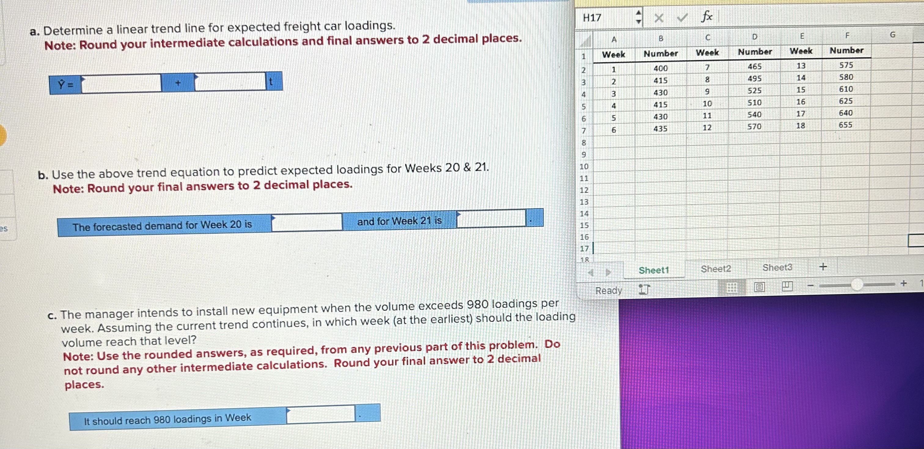  a. Determine a linear trend line for expected freight car loadings.
